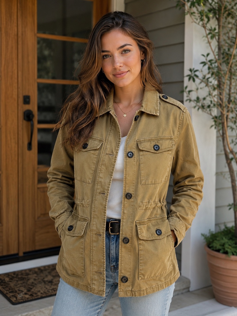 Banana Republic Olive-Tan Army- style Utility Jacket Drawstring Button Zipper
